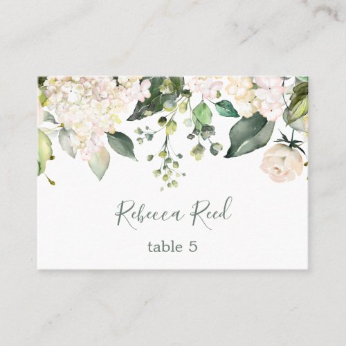 Greenery cream hydrangea  roses table place card