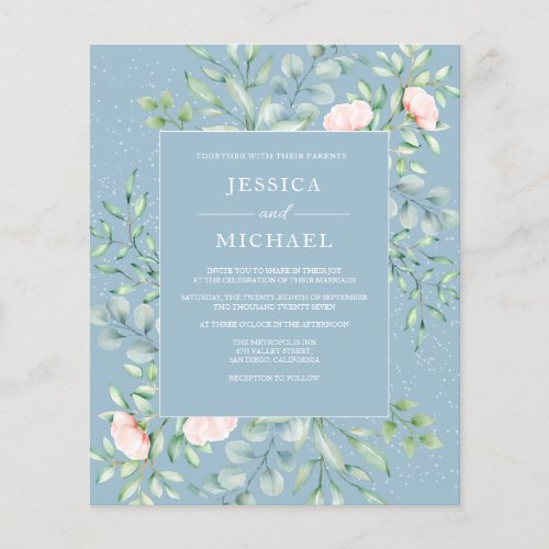 Greenery Cream Roses Dusty Blue Wedding Invitation Flyer