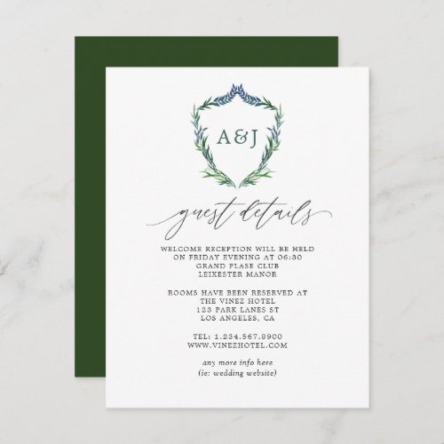 Greenery Crest Monogram Wedding Guest Details Encl Enclosure Card