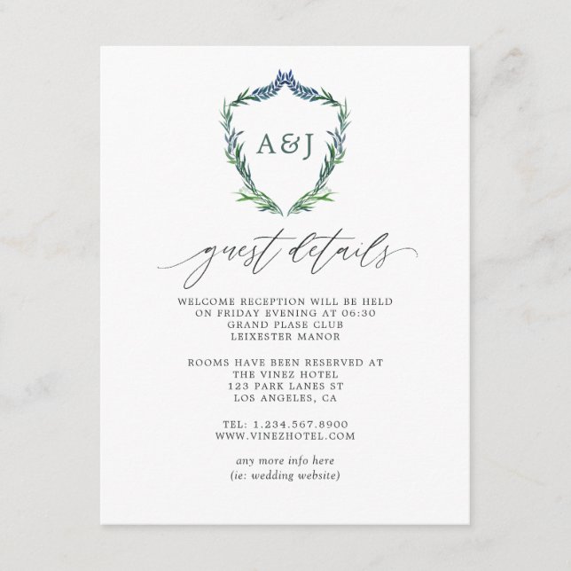 Greenery Crest Monogram Wedding Guest Details Enclosure Card (Front)