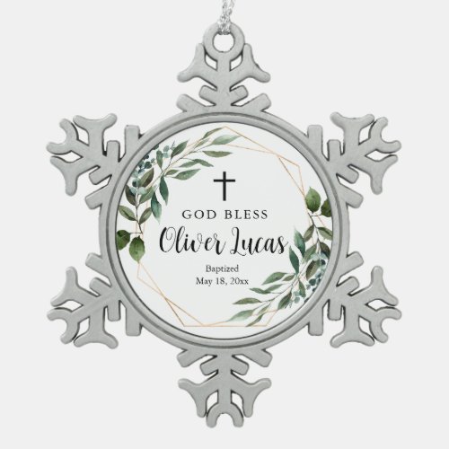 Greenery Cross Baptism Snowflake Framed Ornament