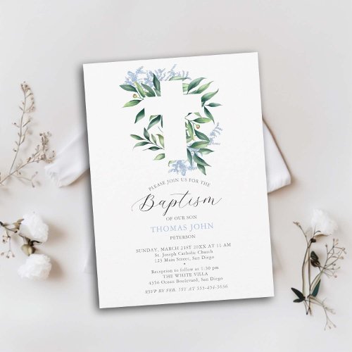 Greenery Cross Blue Botanical Baby Boy Baptism Invitation