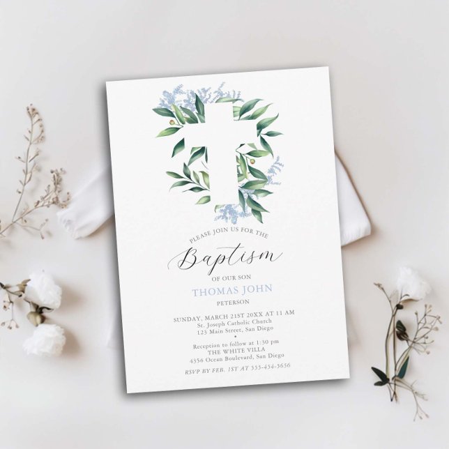 Greenery Cross Blue Botanical Baby Boy Baptism Invitation (baby boy baptism invitation greenery white cross foliage watercolor elegant simple classic modern)