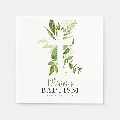 Greenery Cross Boy Baptism Napkins