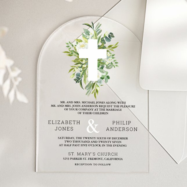 Greenery Cross Catholic Wedding Acrylic Invitations (Creator Uploaded)