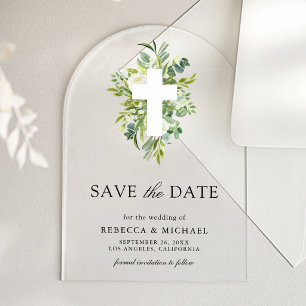 Greenery Cross Catholic Wedding Save the Date