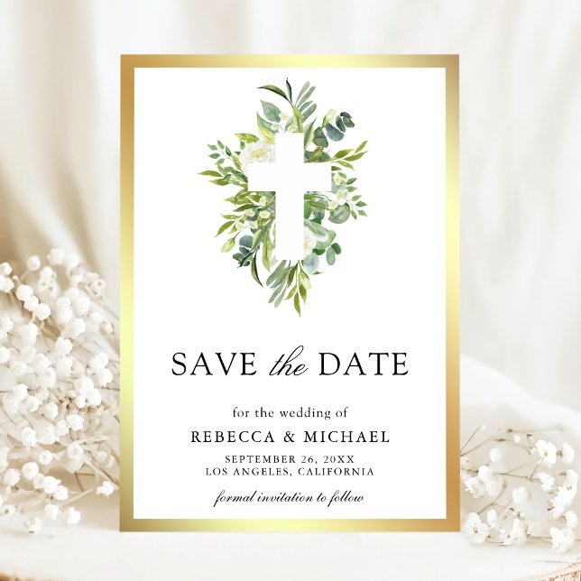 Greenery Cross Catholic Wedding Save The Date (Creator Uploaded)