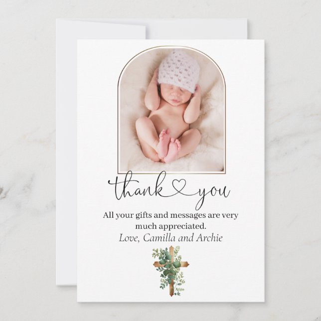 Greenery Cross Minimalist Baptism Thank You  Card (Front)