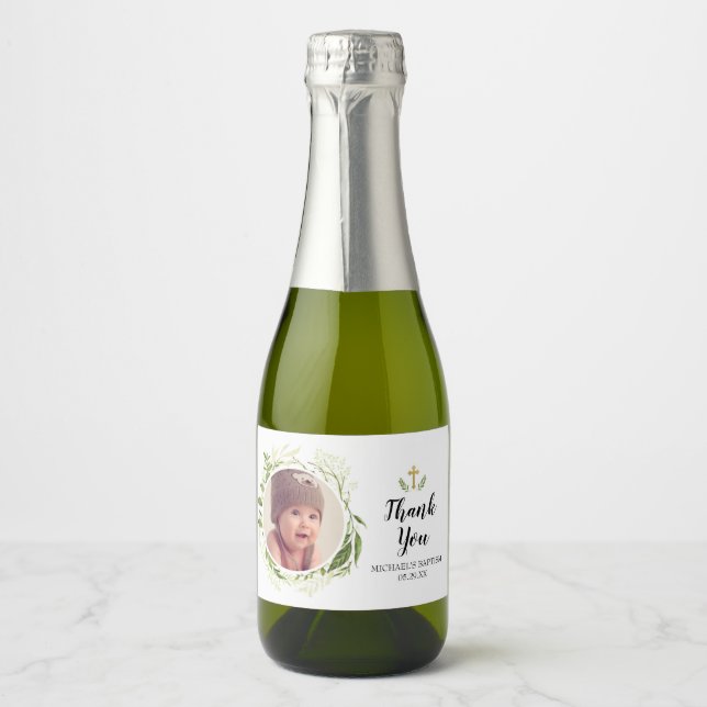 Greenery Cross Photo Mini Sparkling Wine Bottle La Label (Front)