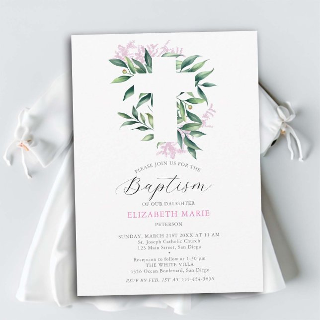 Greenery Cross Pink Botanical Baby Girl Baptism Invitation (baby girl baptism invitation christening botanical greenery white cross pink floral elegant modern)