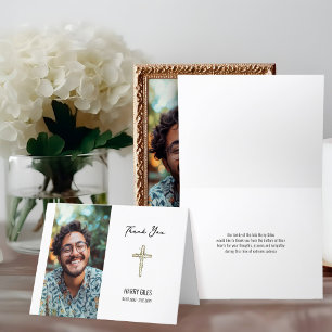 Greenery Cross Portrait Photo Small Folded Funeral Letterpress Thank You Card