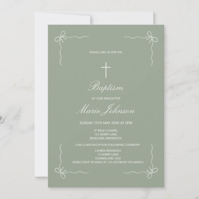 Greenery custom girl modern baptism invitation (Front)