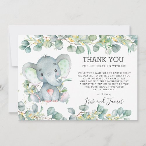 Greenery Cute Elephant Baby Shower Gender Neutral  Thank You Card