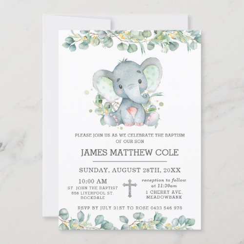 Greenery Cute Elephant Baptism Christening Invitation