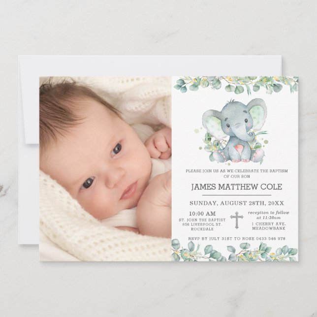 Greenery Cute Elephant Baptism Christening Photo Invitation (Front)