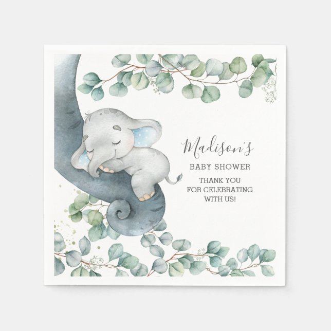 Greenery Cute Elephant Boy Baby Shower Birthday  Napkins (Front)