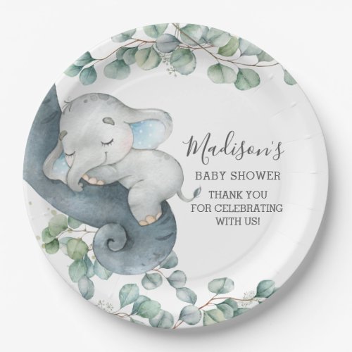Greenery Cute Elephant Boy Baby Shower Birthday Paper Plates