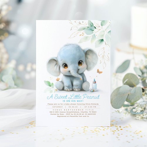 Greenery Cute Elephant Boy Baby Shower Invitation