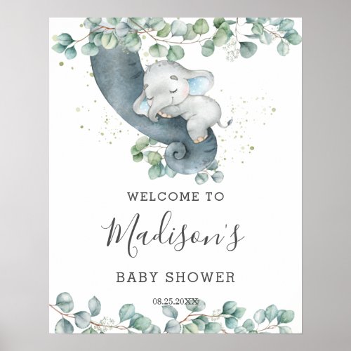 Greenery Cute Elephant Boy Baby Shower Welcome  Poster