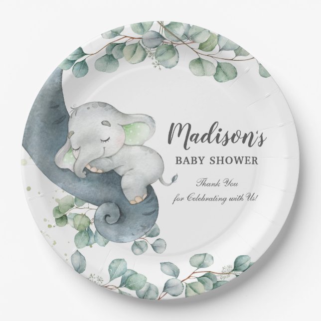 Greenery Cute Elephant Gender Neutral Baby Shower  Paper Plates (Front)