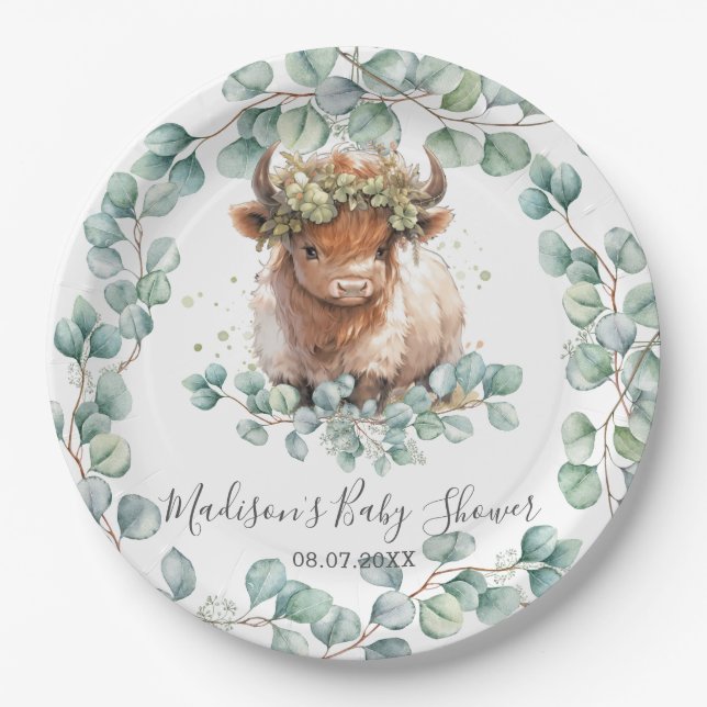 Greenery Cute Highland Cow Baby Shower Birthday Paper Plates (Front)