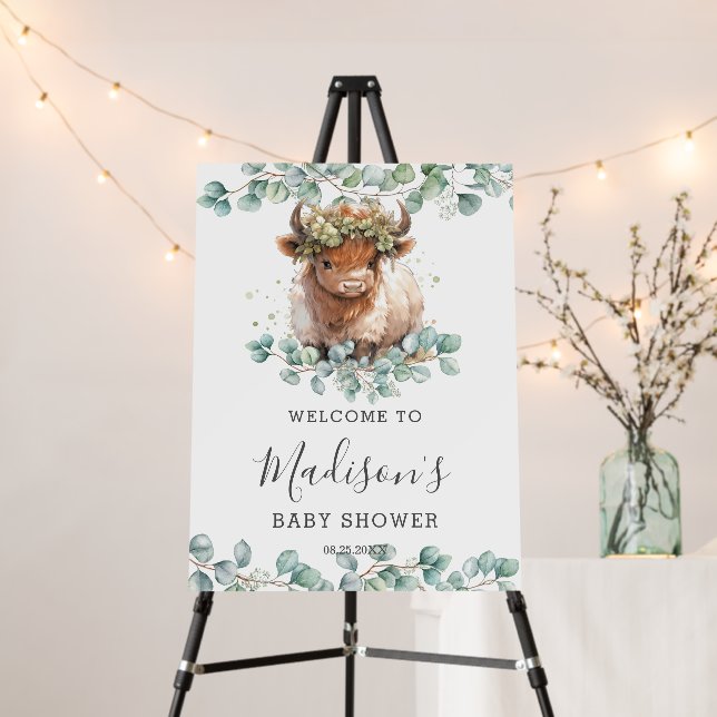 Greenery Cute Highland Cow Baby Shower Welcome  Foam Board (In Situ (Stand))