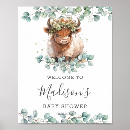 Greenery Cute Highland Cow Baby Shower Welcome  Poster
