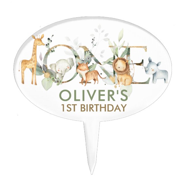 Greenery Cute Jungle Animals One 1st Birthday  Cake Topper (Front)