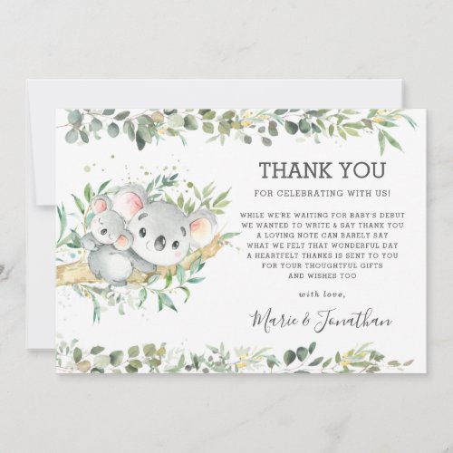 Greenery Cute Koala Gender Neutral Baby Shower  Thank You Card