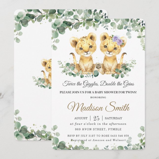 Greenery Cute Lion Cubs Twins Boy Girl Baby Shower Invitation (Front/Back)