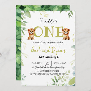 Greenery Cute Lion Cubs Twins Boys 1st Birthday In Invitation