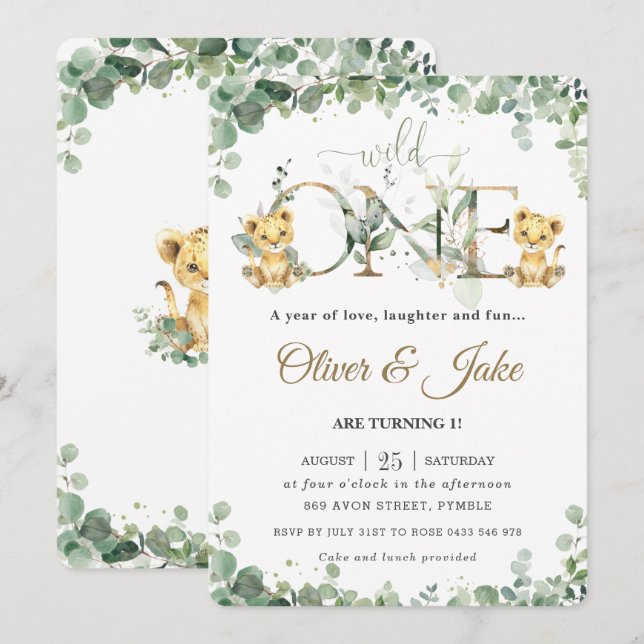 Greenery Cute Lion Cubs Twins Boys 1st Birthday  Invitation (Front/Back)