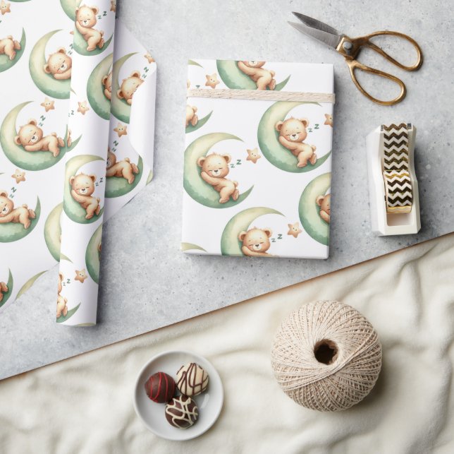 Greenery cute sleeping teddy bear over the moon wrapping paper (Crafts)