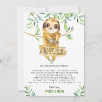 Greenery Cute Sloth Baby Shower Boy Thank You Card