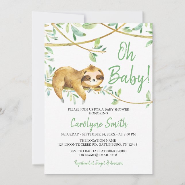 Greenery Cute Sloth Baby Shower Invitation (Front)
