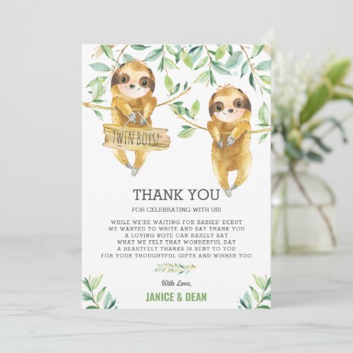 Greenery Cute Sloth Baby Shower Twin Boys Thank You Card | Zazzle