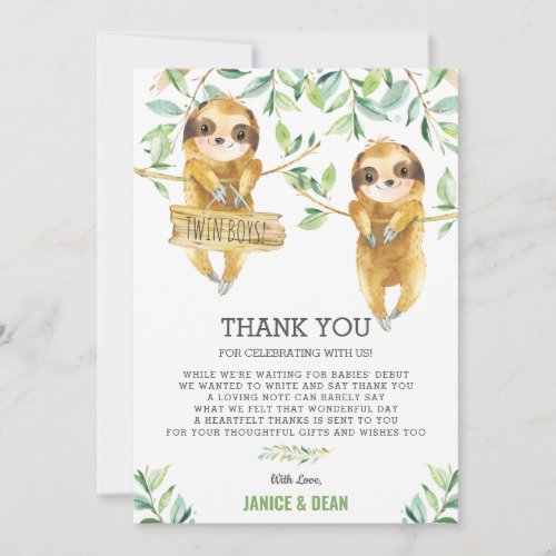 Greenery Cute Sloth Baby Shower Twin Boys Thank You Card