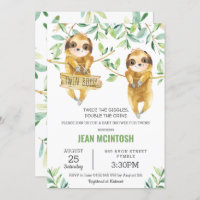 Greenery Cute Sloth Baby Shower Twin Boys Twins Invitation