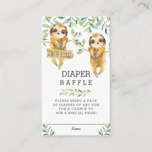 Greenery Cute Sloth Twin Baby Shower Diaper Raffle Enclosure Card (Front)
