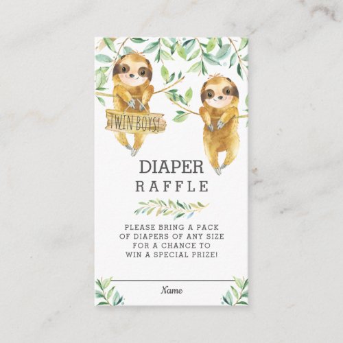 Greenery Cute Sloth Twin Baby Shower Diaper Raffle Enclosure Card