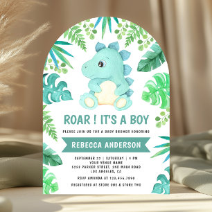 Greenery Cute Teal Dinosaur Arch Baby Shower Invitation