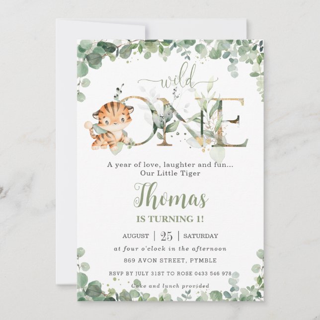Greenery Cute Tiger Cub Boy 1st Birthday Wild One Invitation (Front)