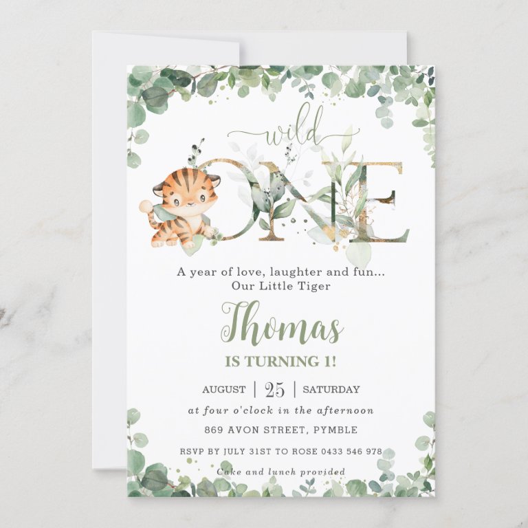 Greenery Cute Tiger Cub Boy 1st Birthday Wild One Invitation