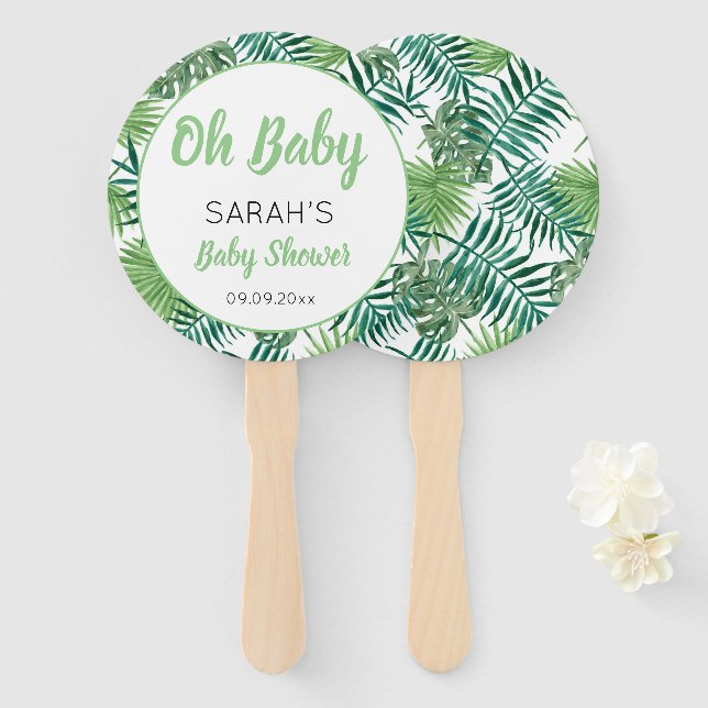 Greenery Cute Tropical Leaf Baby Shower Hand Fan (Front and Back)