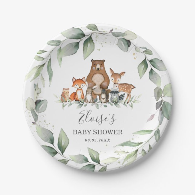 Greenery Cute Woodland Animals Baby Shower Neutral Paper Plates (Front)