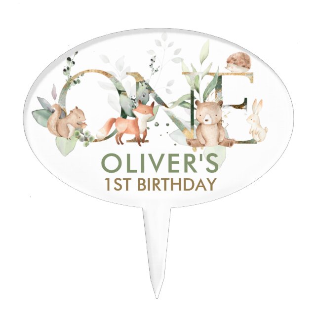 Greenery Cute Woodland Animals One 1st Birthday Cake Topper (Front)