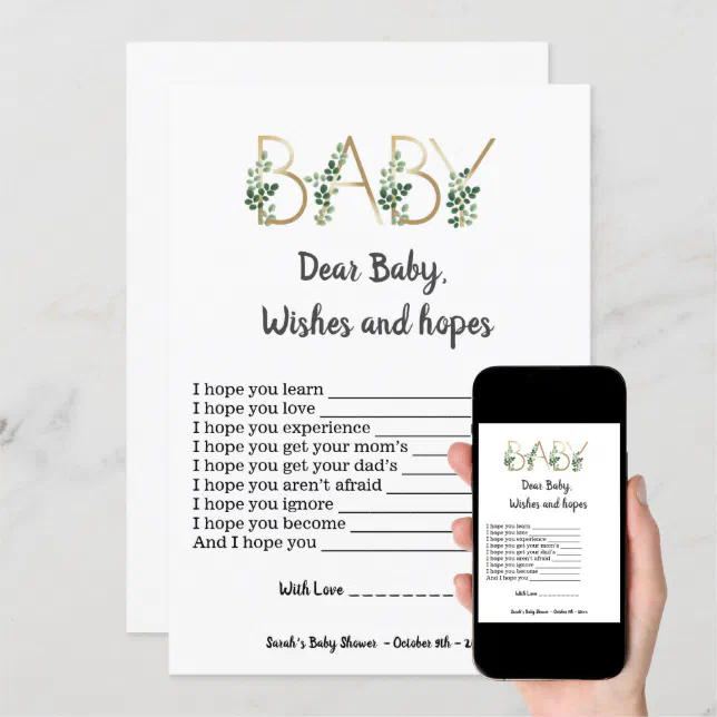 Greenery Dear Baby Hope Wishes Baby Shower Game Invitation | Zazzle