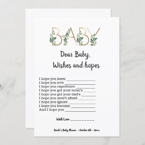 Greenery Dear Baby Hope Wishes Baby Shower Game  Invitation