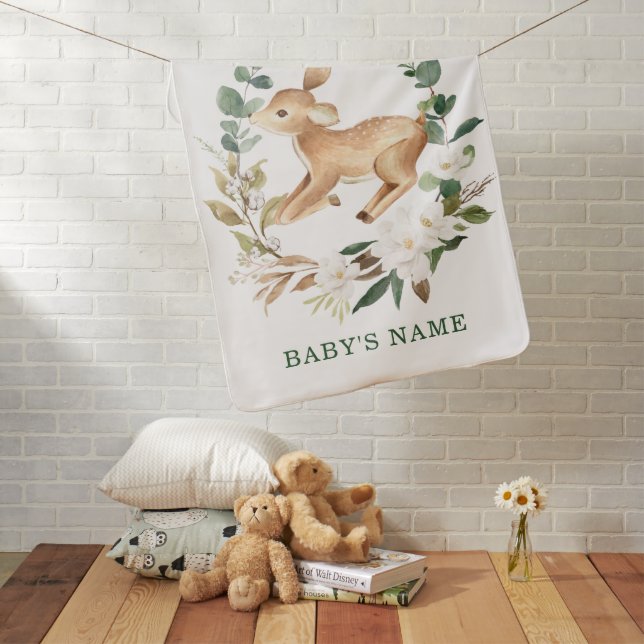 Greenery Deer White Floral Wreath Neutral Nursery Baby Blanket (In Situ)