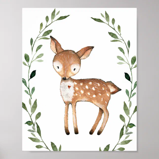 Greenery Deer Woodland Animals Nursery Wall Art 